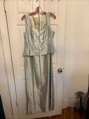 Elegant Light Sage Satin Two-Piece Dress with belt
